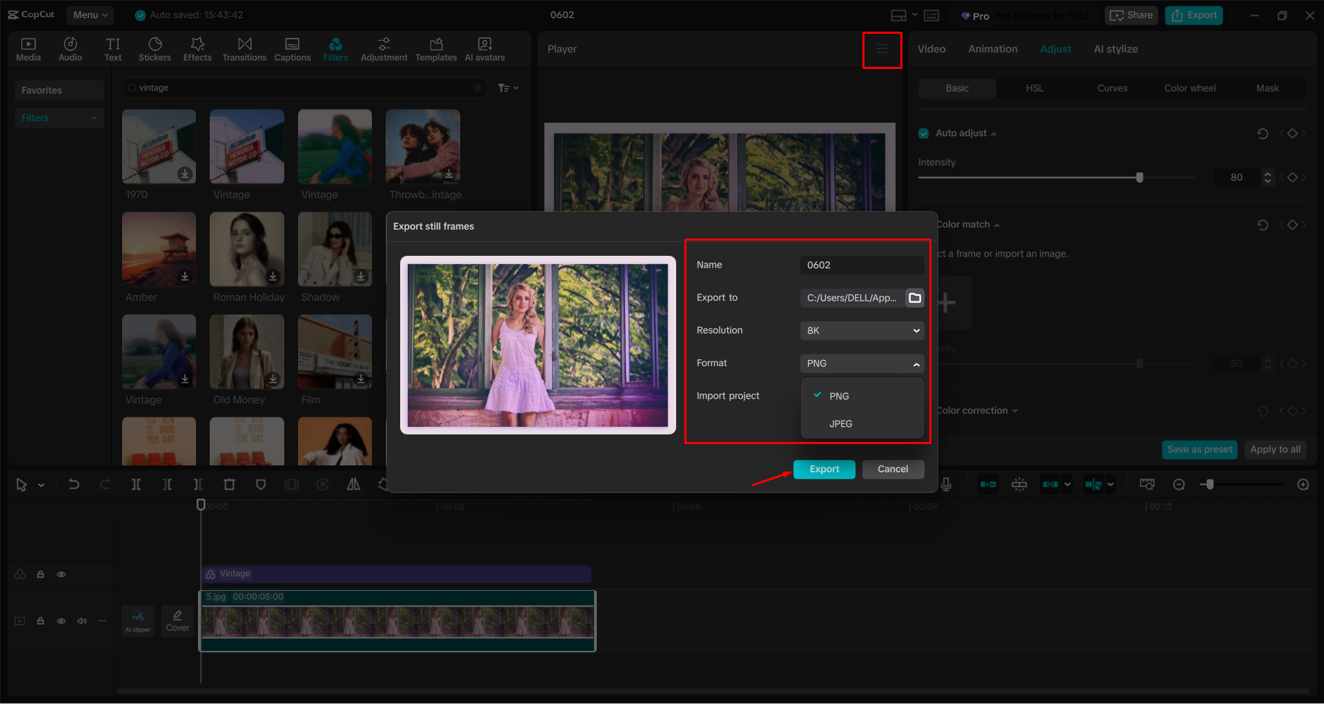 Exporting an image from the CapCut desktop video editor