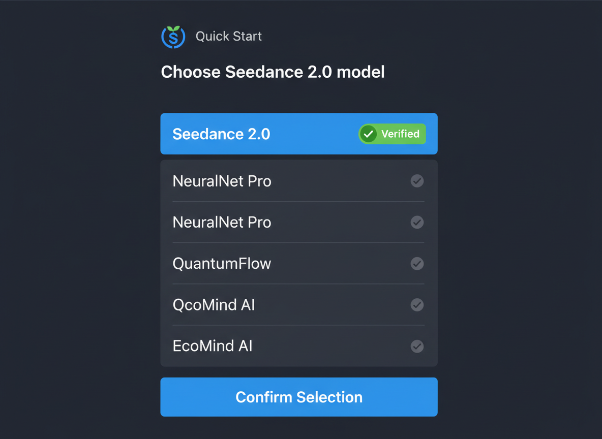 Choose the Seedance 2.0 model—model list with Seedance highlighted and verified badge.