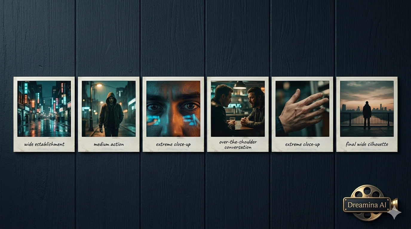 Dreamina AI, film benzeri fotoğraflar ve storyboard 'lar için filmik renk derecelendirme, sinematik aydınlatma ve sığ alan derinliği ile sinematik fotoğrafçılık üretiyor.