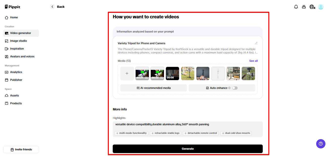 Generating video in Pippit