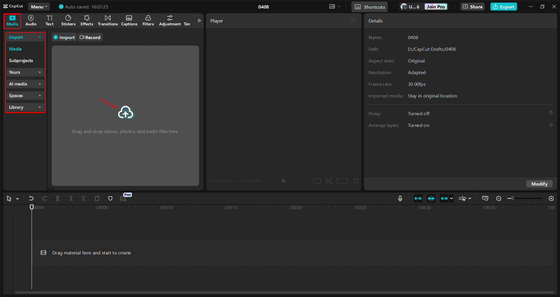 Importing a video into the CapCut desktop video editor
