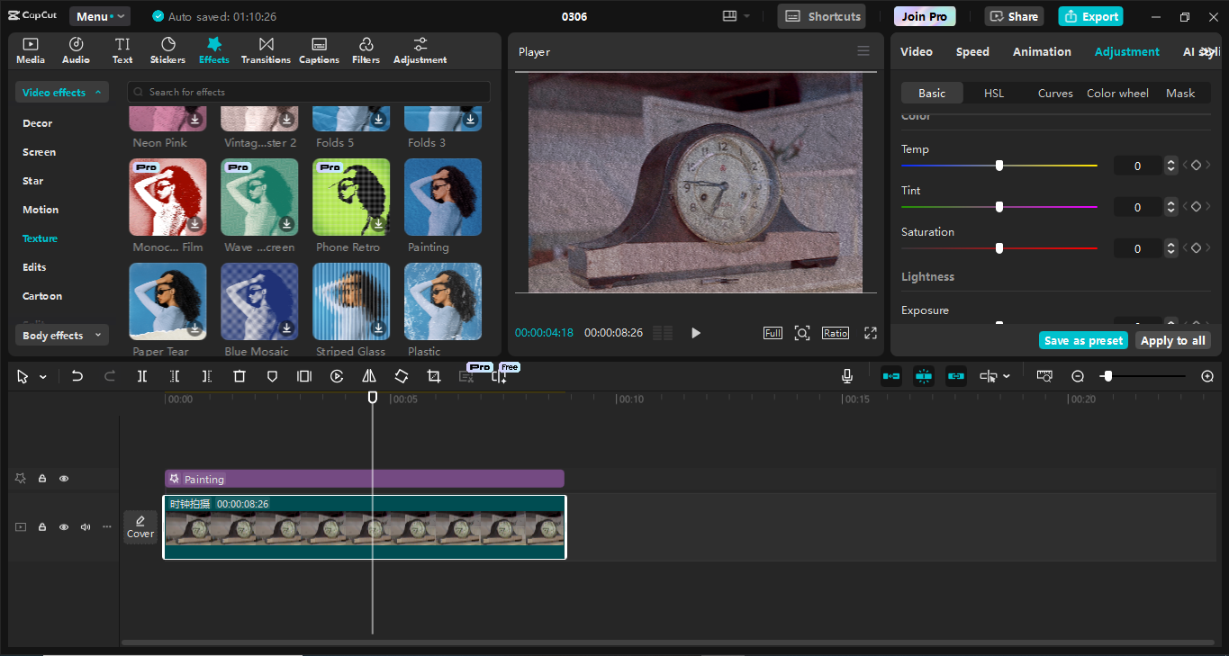 Інтерфейс настільного відеоредактора CapCut - найкращий інструмент для додавання старого накладання шуму плівки