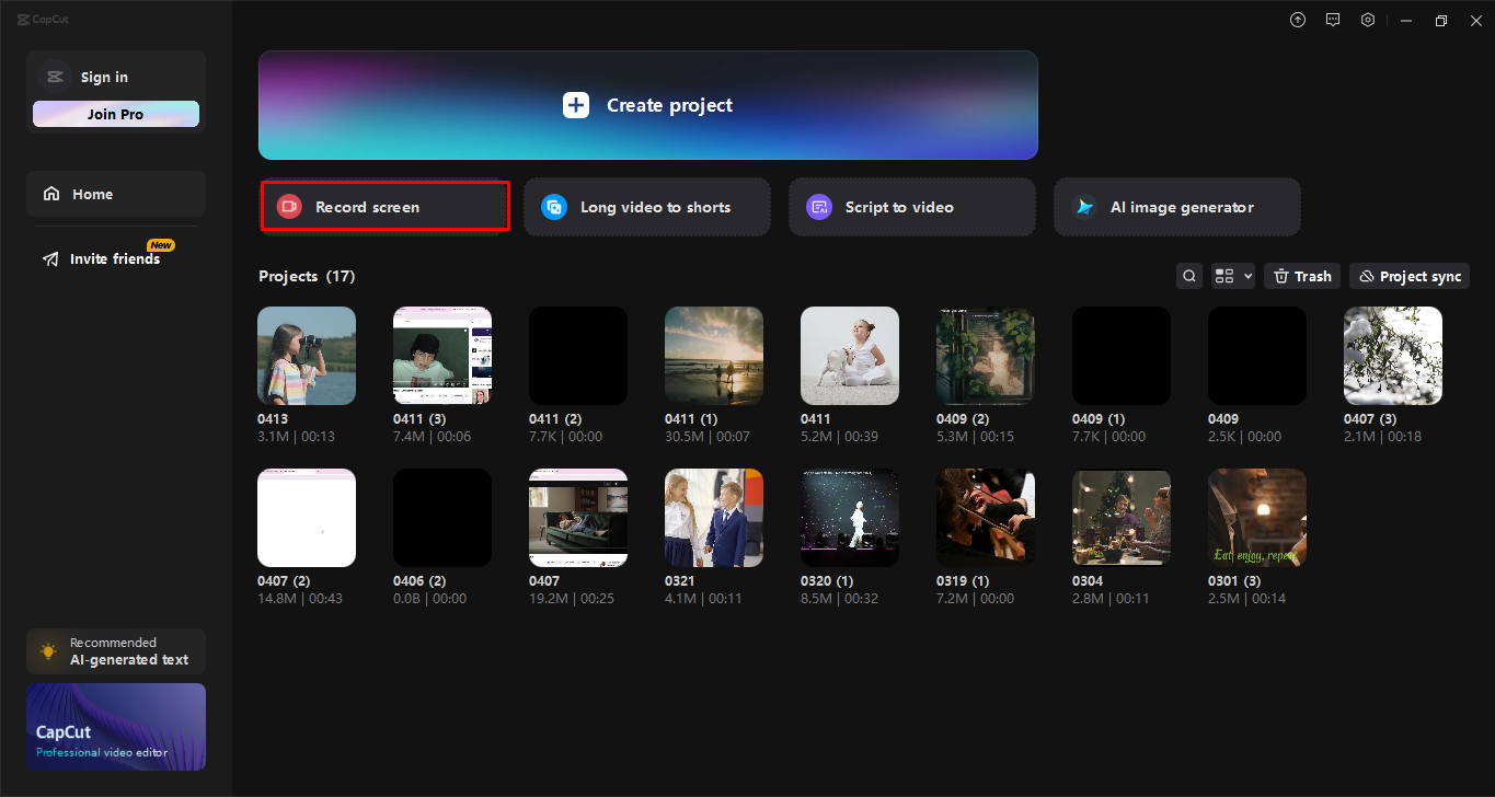 Merakam skrin dalam editor video desktop CapCut
