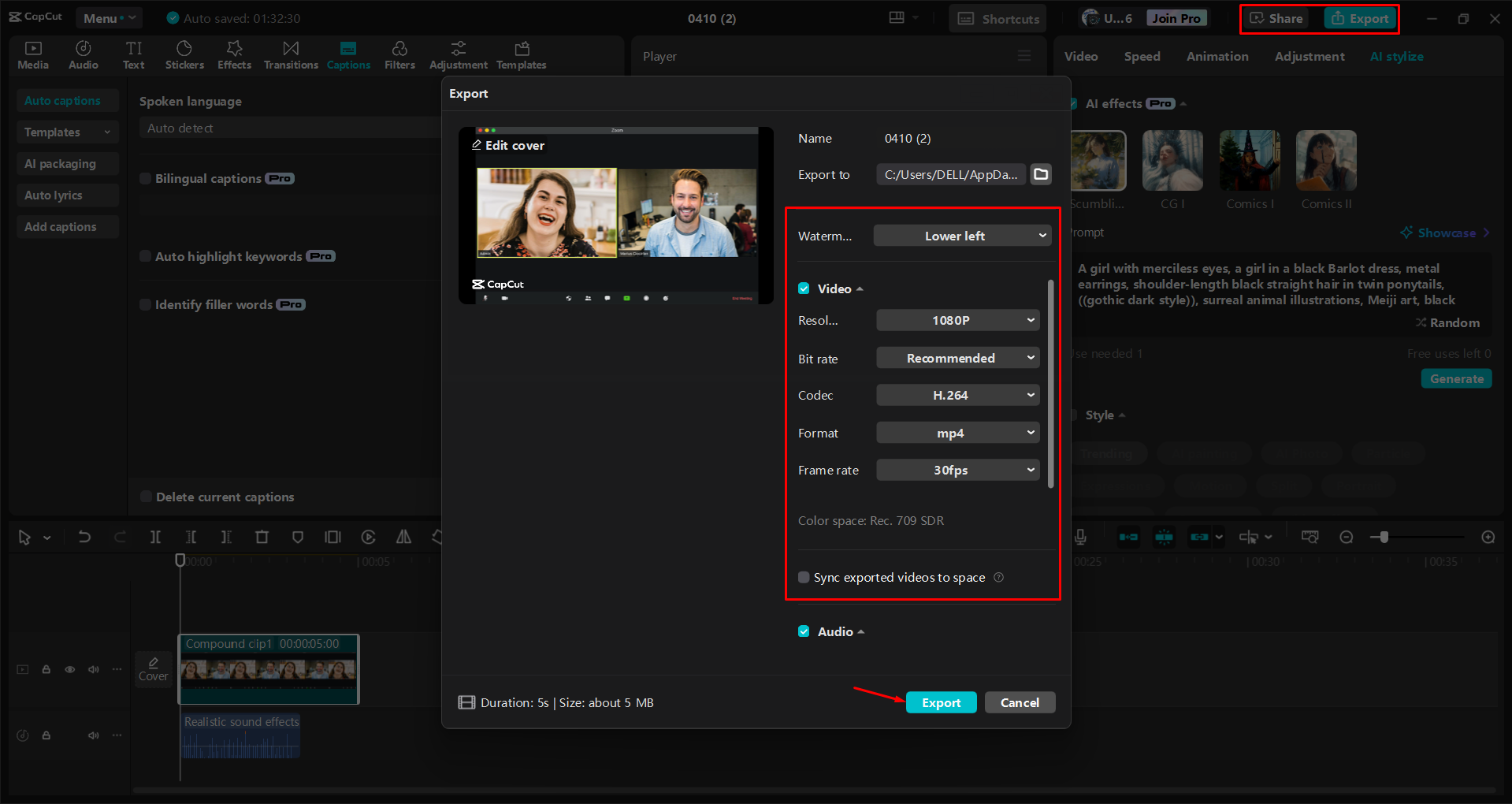 Exporting a video from the CapCut desktop video editor
