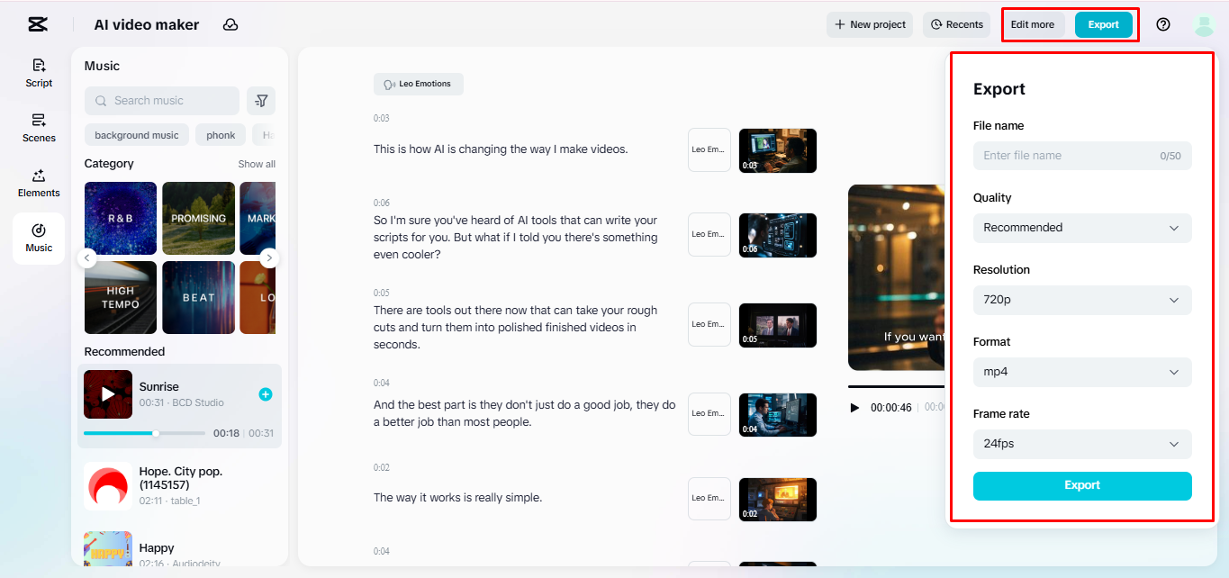 Export des letzten Videos von CapCut's AI Video Maker