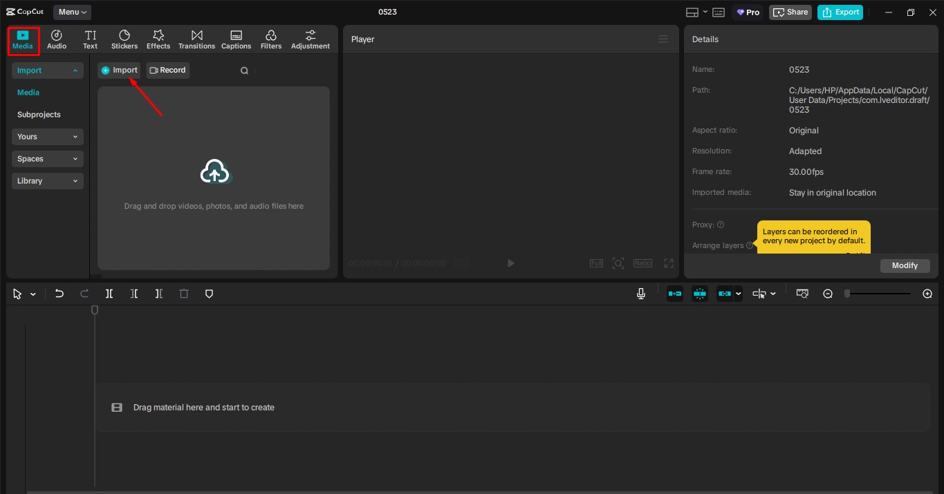 Importing an image into the CapCut desktop video editor