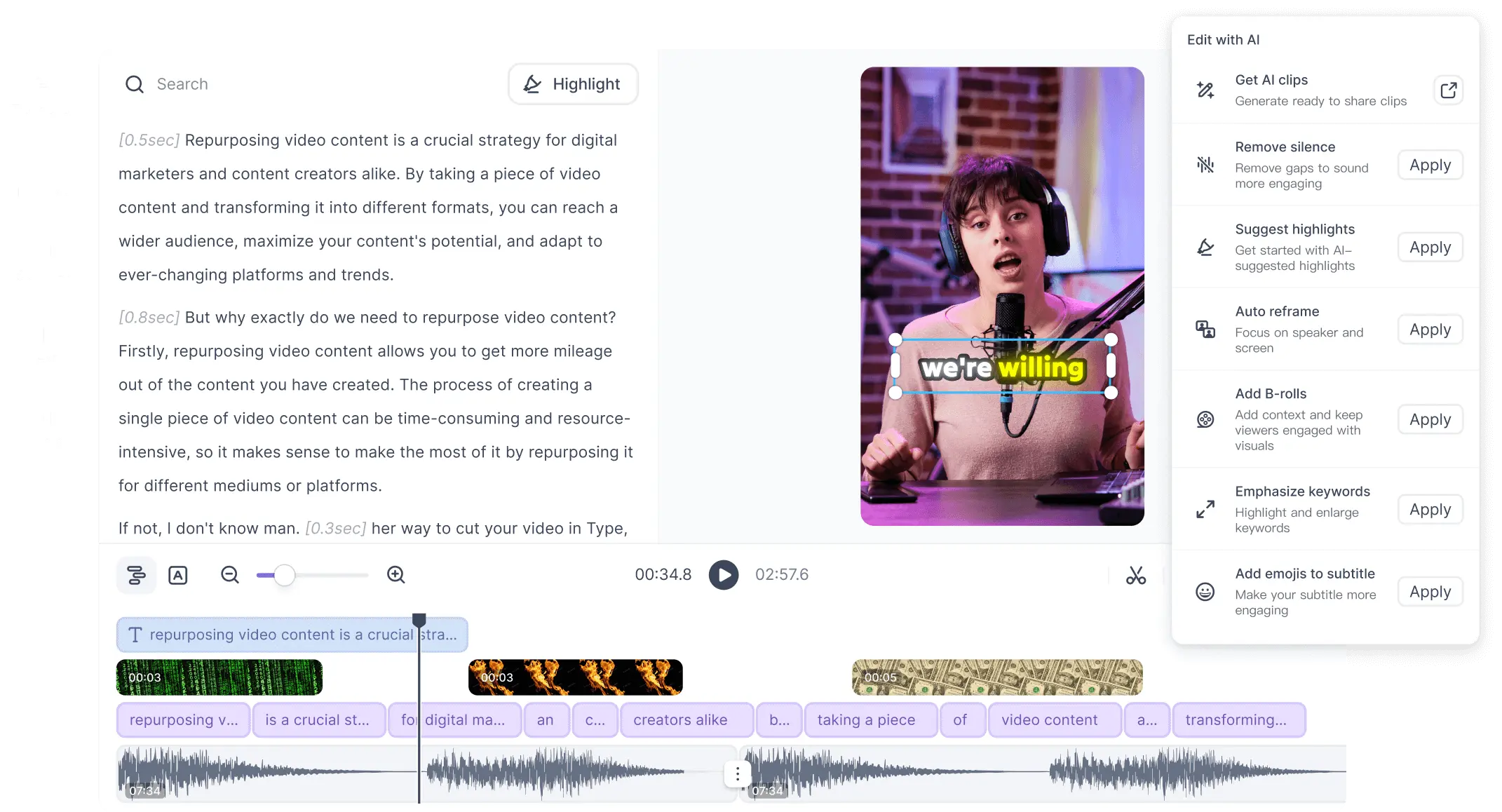 Schnittstelle von Vizard AI - ein einfach zu bedienendes Tool für die KI-Videotranskription