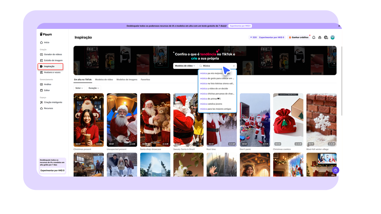 Seleção de templates no gerador de música com IA do Pippit