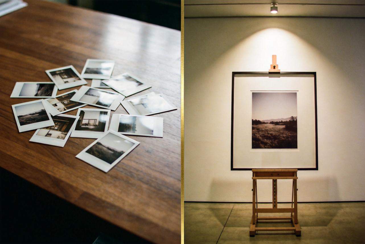 Scattered instant photos on a wooden table beside a framed print on an easel under a spotlight