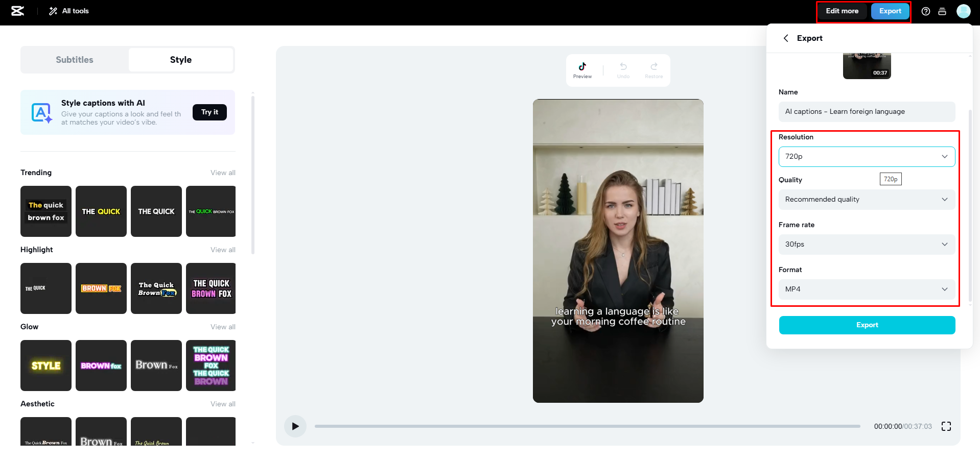 Edit more or share your video with captions