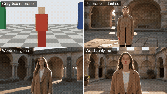 Four synchronized clips in a grid: a gray-box figure orbited by the camera, a woman in a camel coat orbited the same way, and two more versions of her made from a written description that turn in opposite directions.