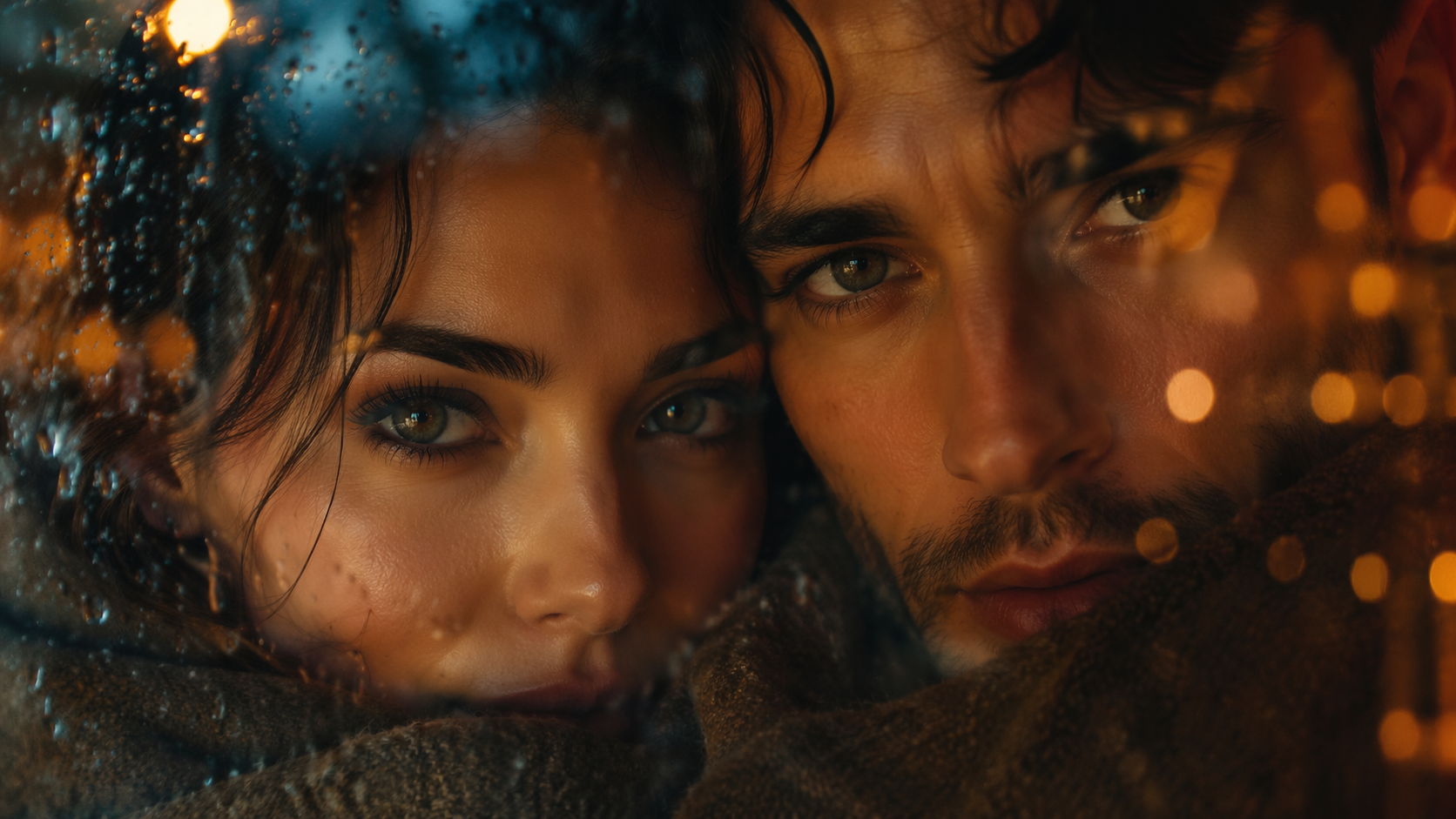 Dreamina Paar Augen AI Foto Prompt Beispiel 3: Regen Fenster Paar Gaze