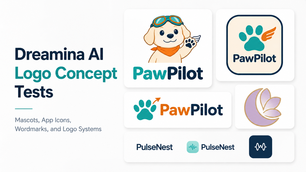 Dreamina AI logo concept test showing mascot logo, app badge, icon wordmark, icon-only mark, and mini logo system examples