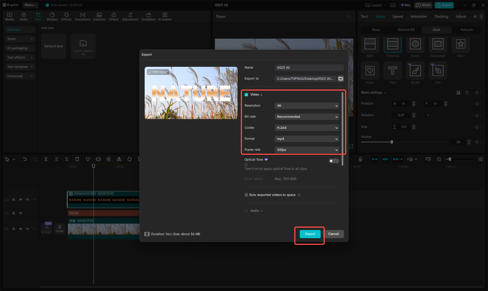 Export video with gradient text