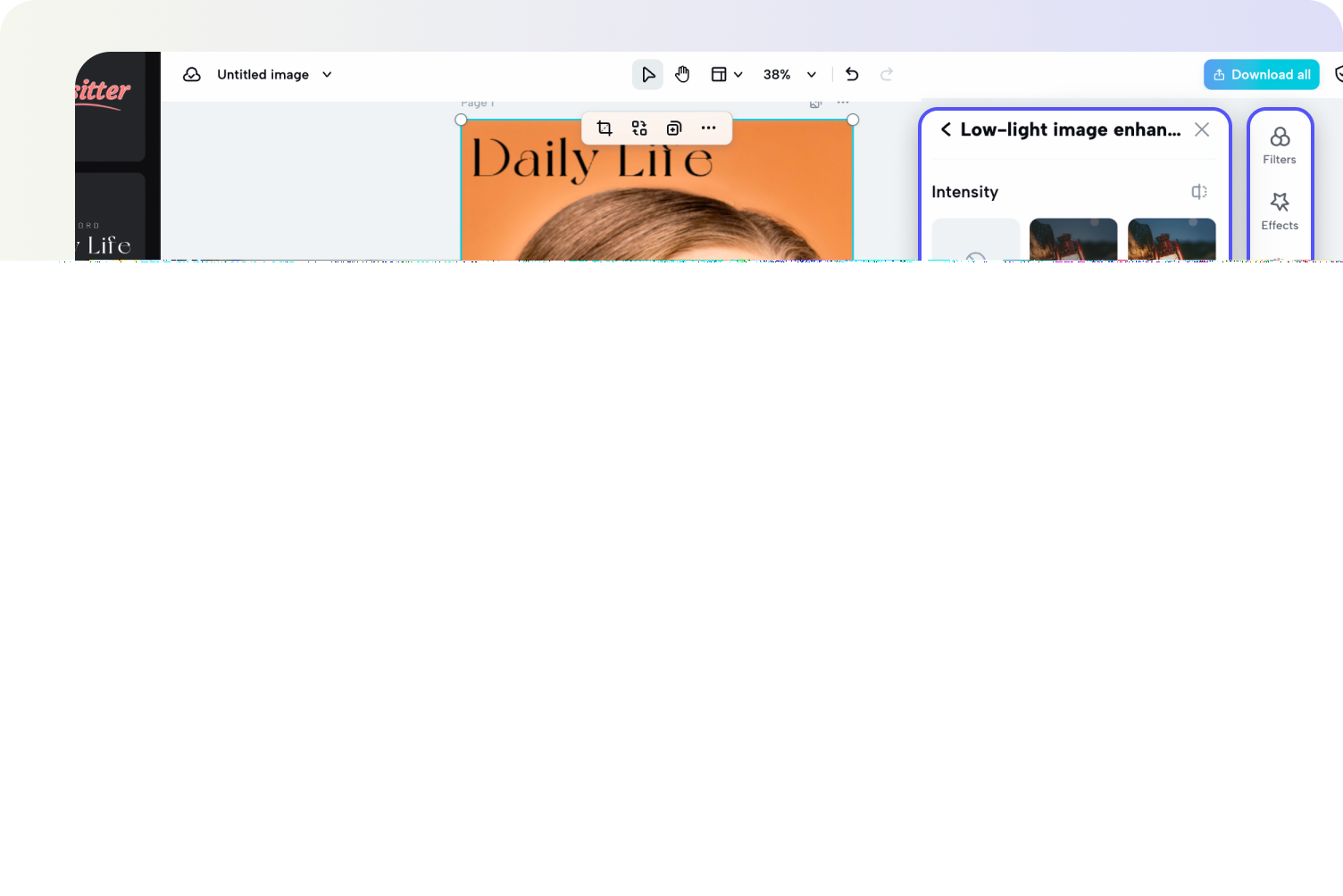 คำอธิบาย=อินเทอร์เฟซของ Pippit Image Editor แสดงภาพที่ได้รับการขยายขนาดแล้ว ทางด้านขวา แผง "เครื่องมืออัจฉริยะ" เปิดอยู่ โดยมี "เครื่องเพิ่มขนาดภาพ," "แต่งภาพ," และ "เพิ่มความสว่างภาพในแสงน้อย" ถูกเน้น