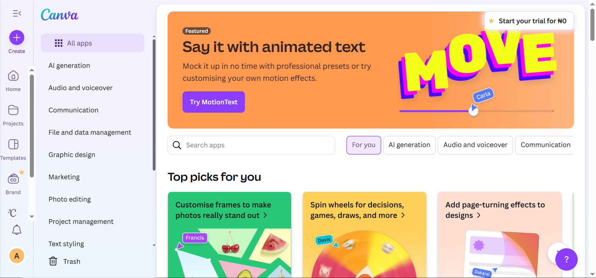 Canva homepage