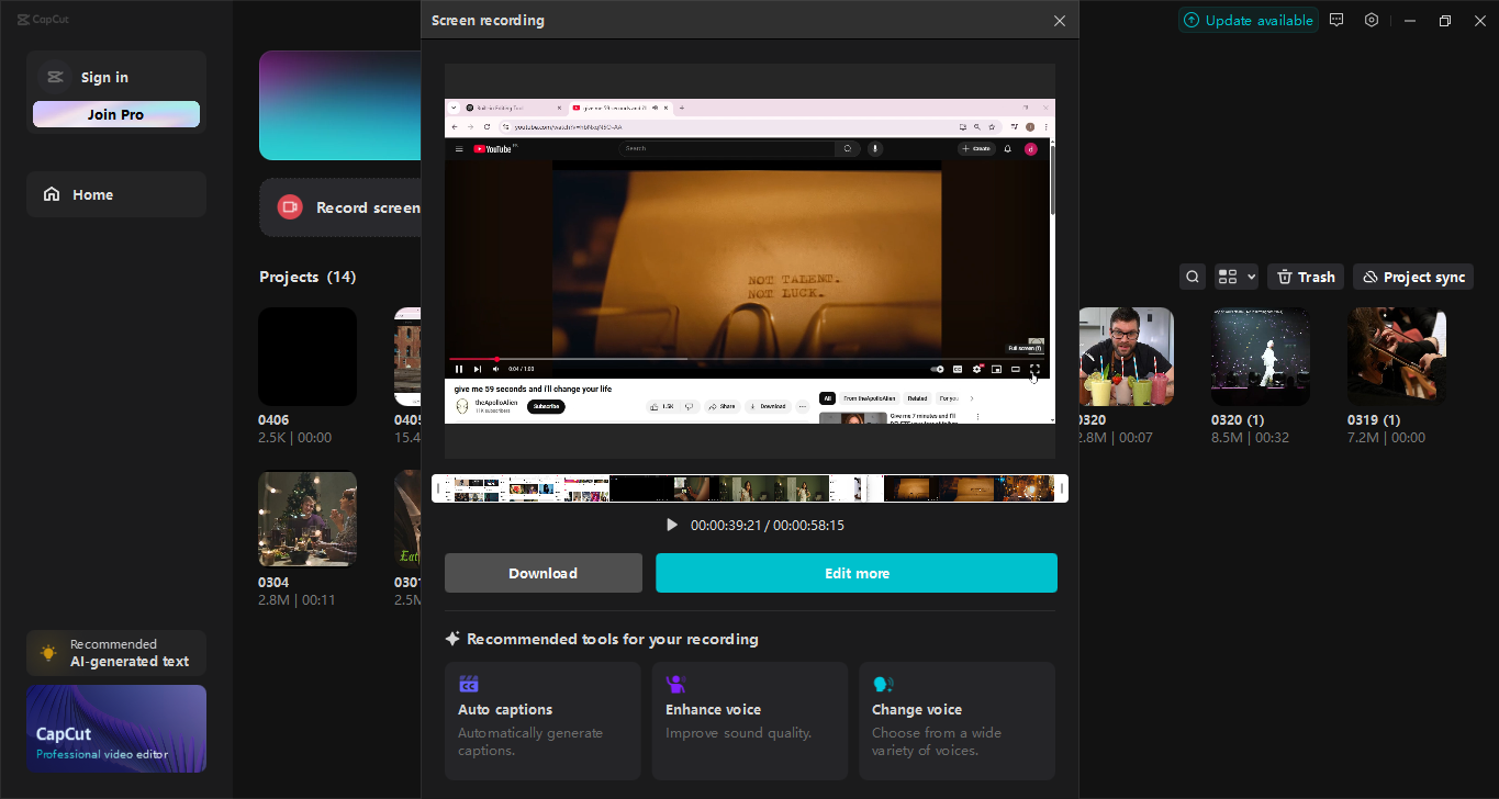 The interface of the CapCut desktop video editor - the best tool to record your screen