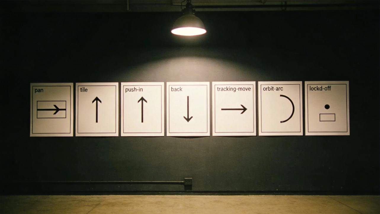 Wall posters labeled pan, tile, push-in, back, tracking-move, orbit-arc, and lockd-off