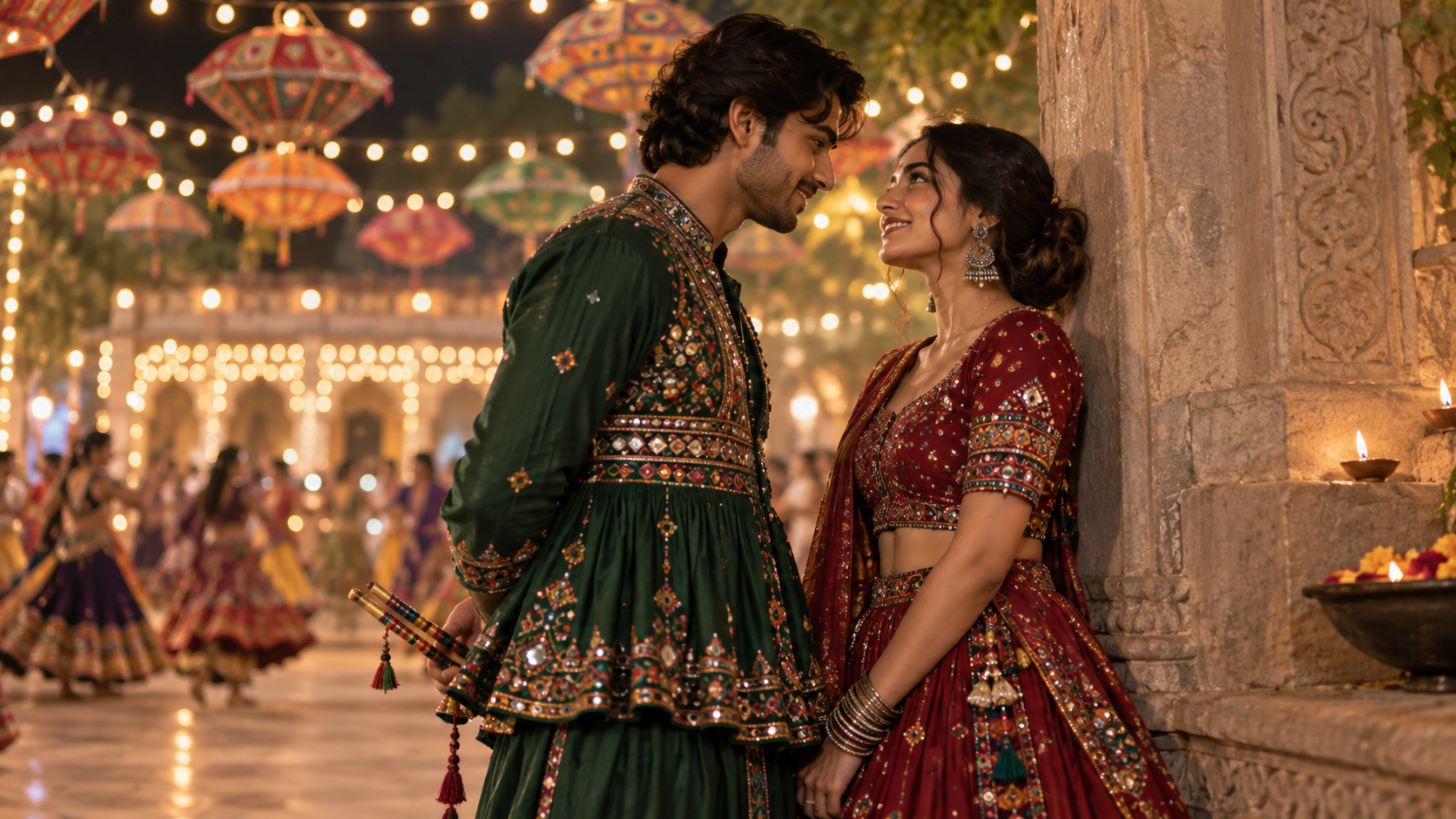 Garba couple AI photo: Courtyard Garba Pause