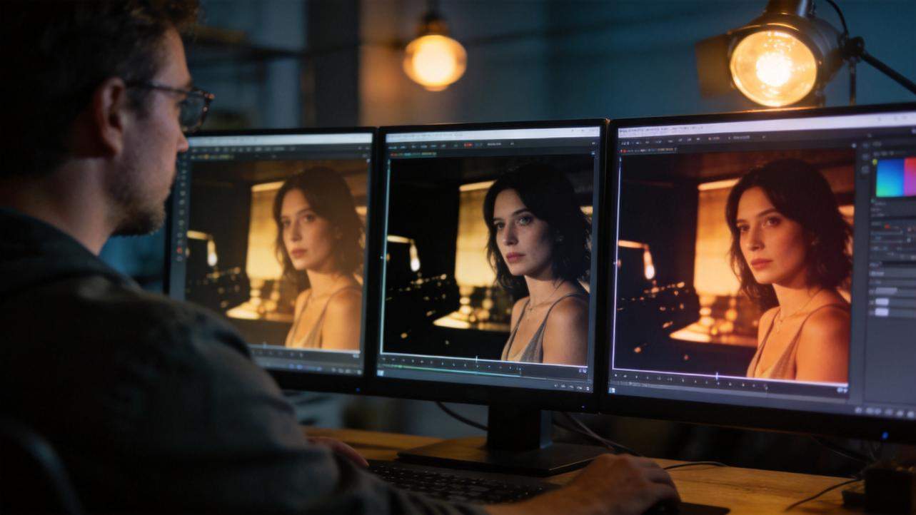 Video editor comparing the same clip with different color grades on three monitors