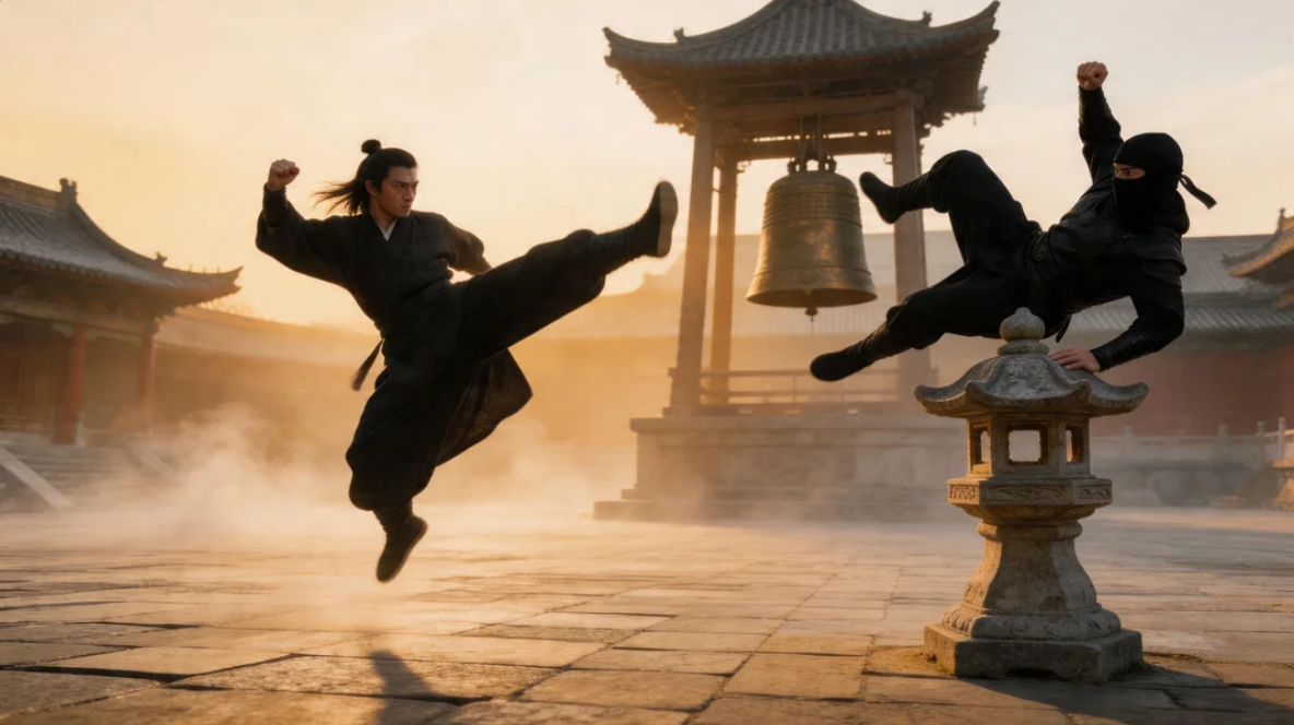 Cinematic martial arts fight visual