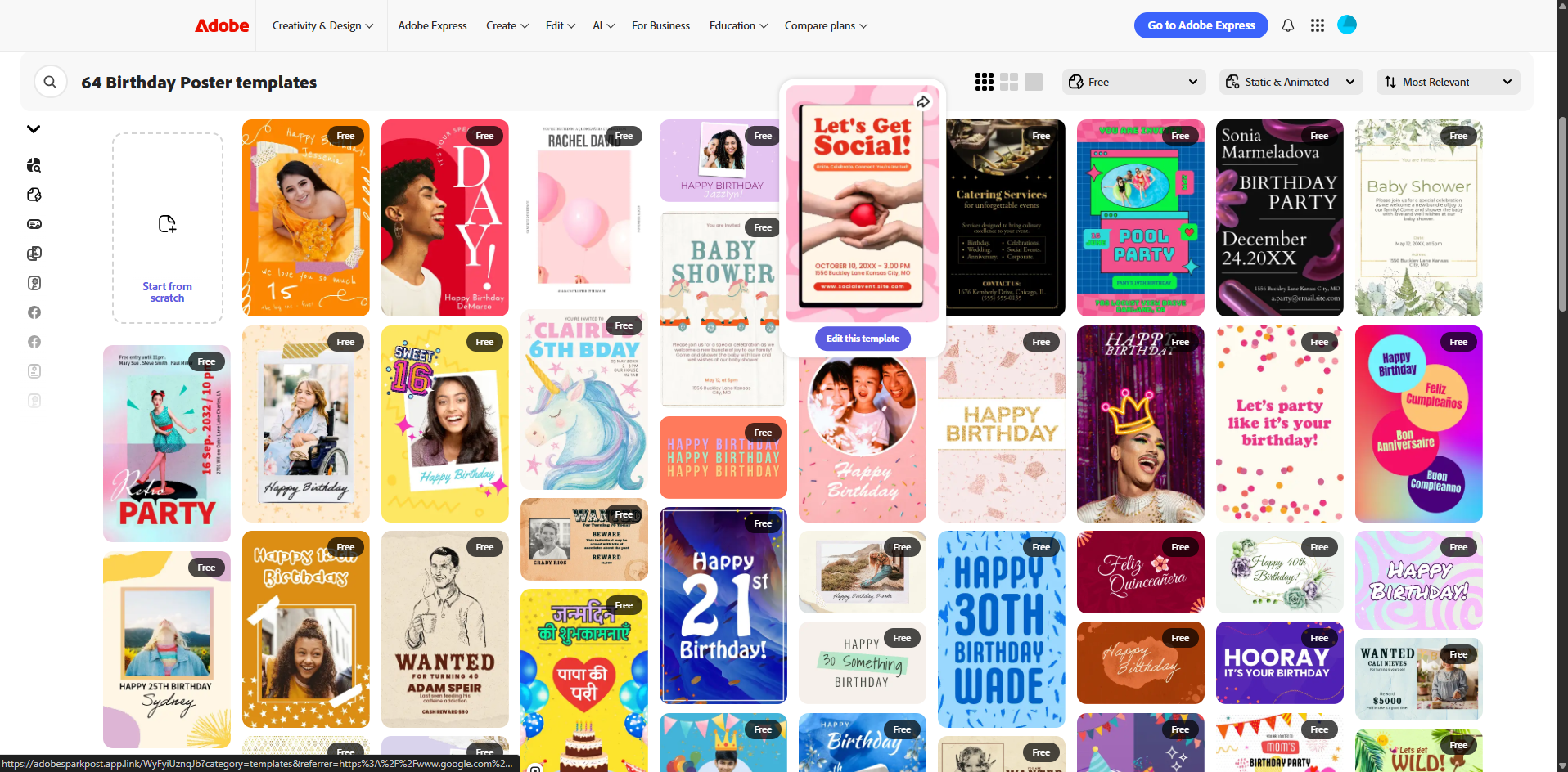 Interface of Adobe - an ideal place to find free birthday poster templates