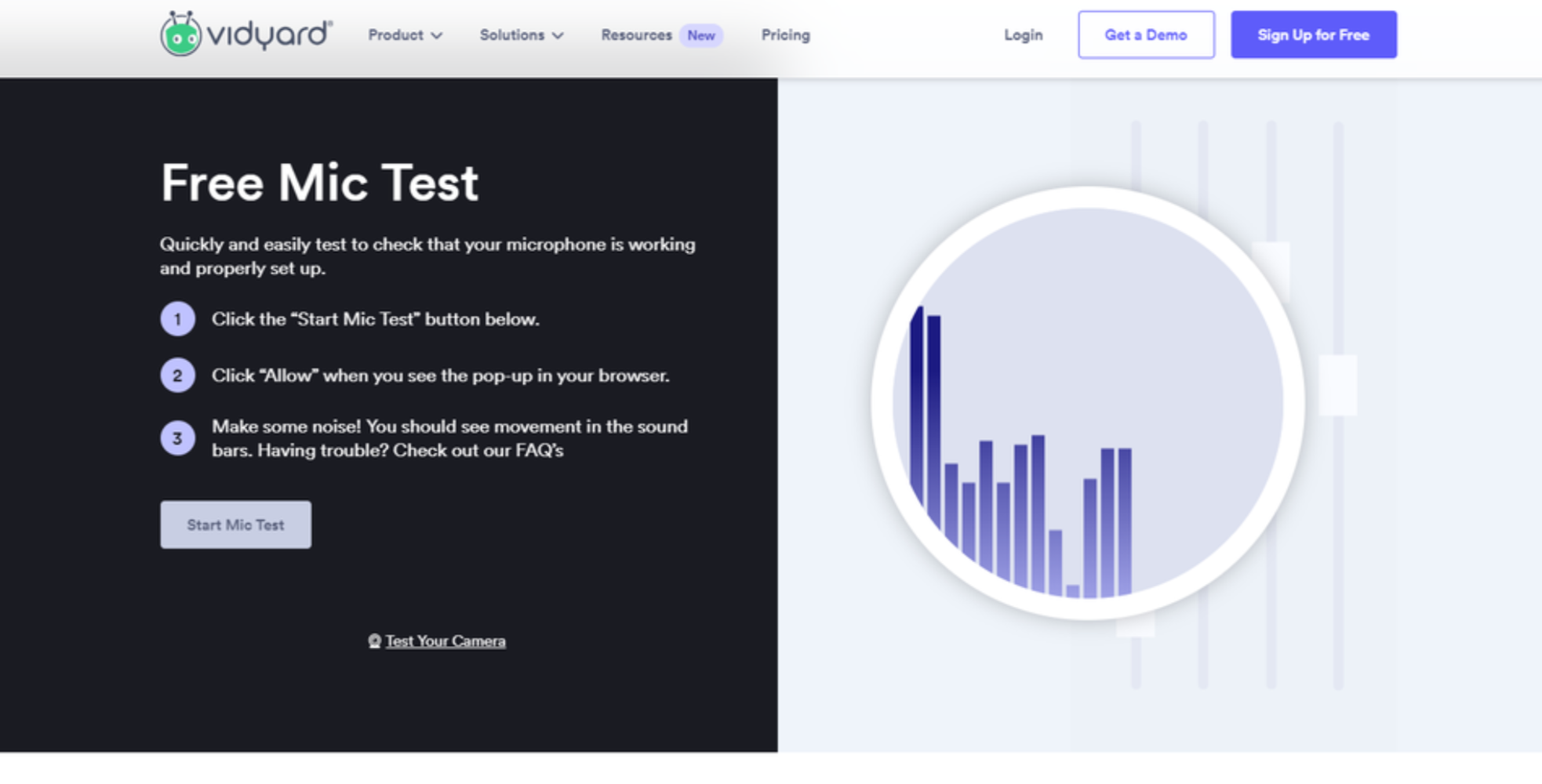 Interface of Vidyard - the most liked tool to check microphone online