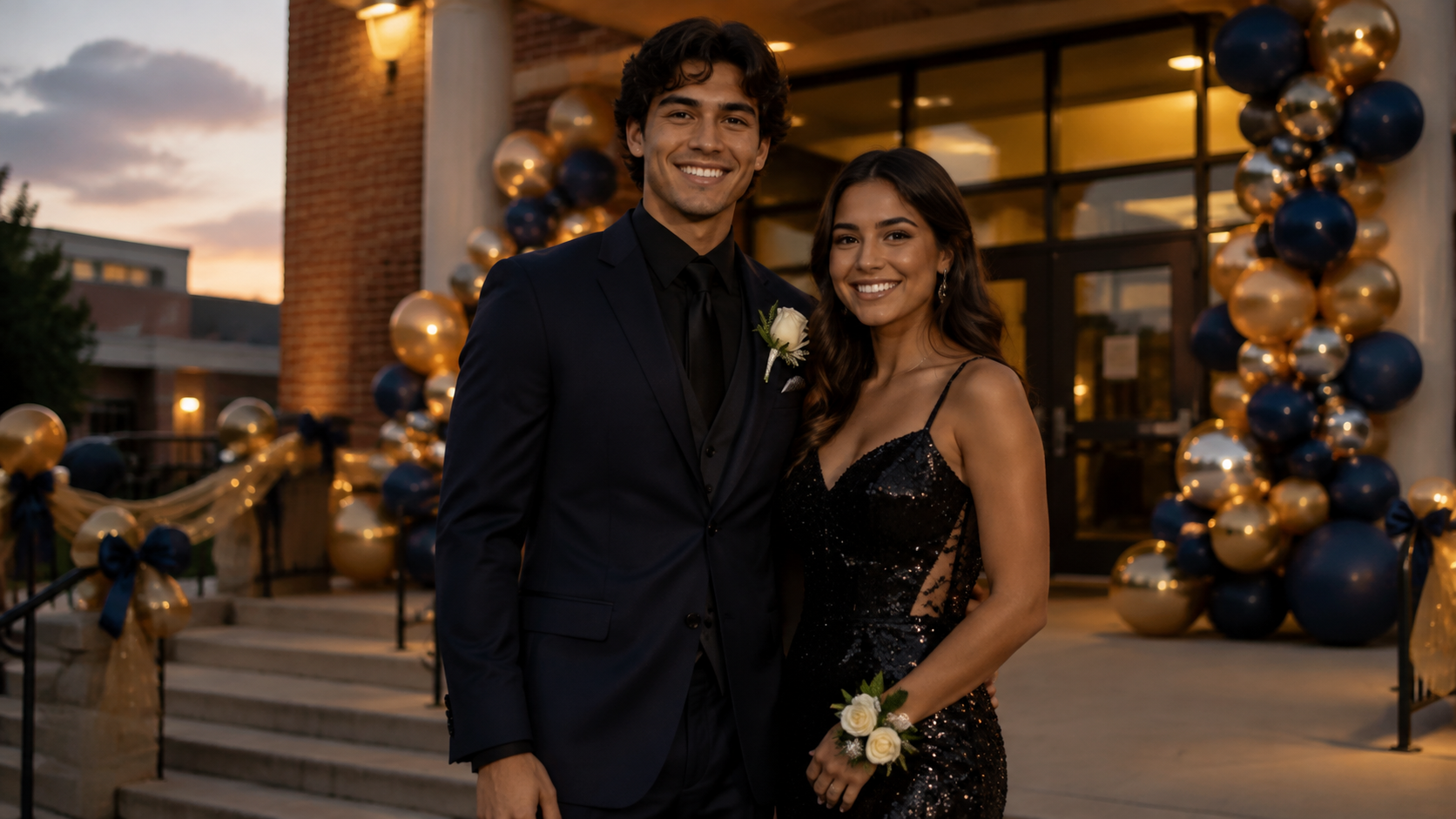 Couple at the School Entrance for homecoming couple photo prompts