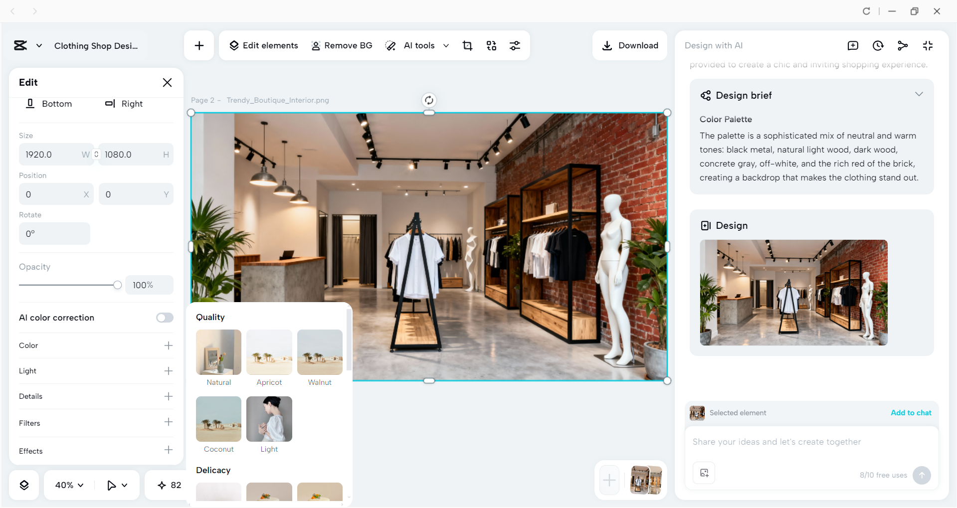 Interface of the CapCut desktop video editor - a tool to design interior for clothing shops