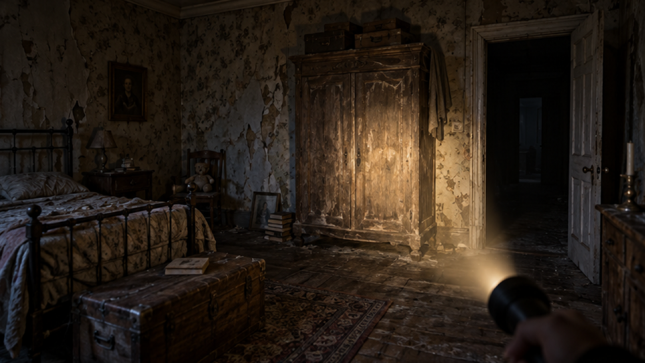 First-person view into an abandoned bedroom, small visible flashlight at lower right, cone of warm light on dusty wardrobe and peeling wallpaper, dark open doorway