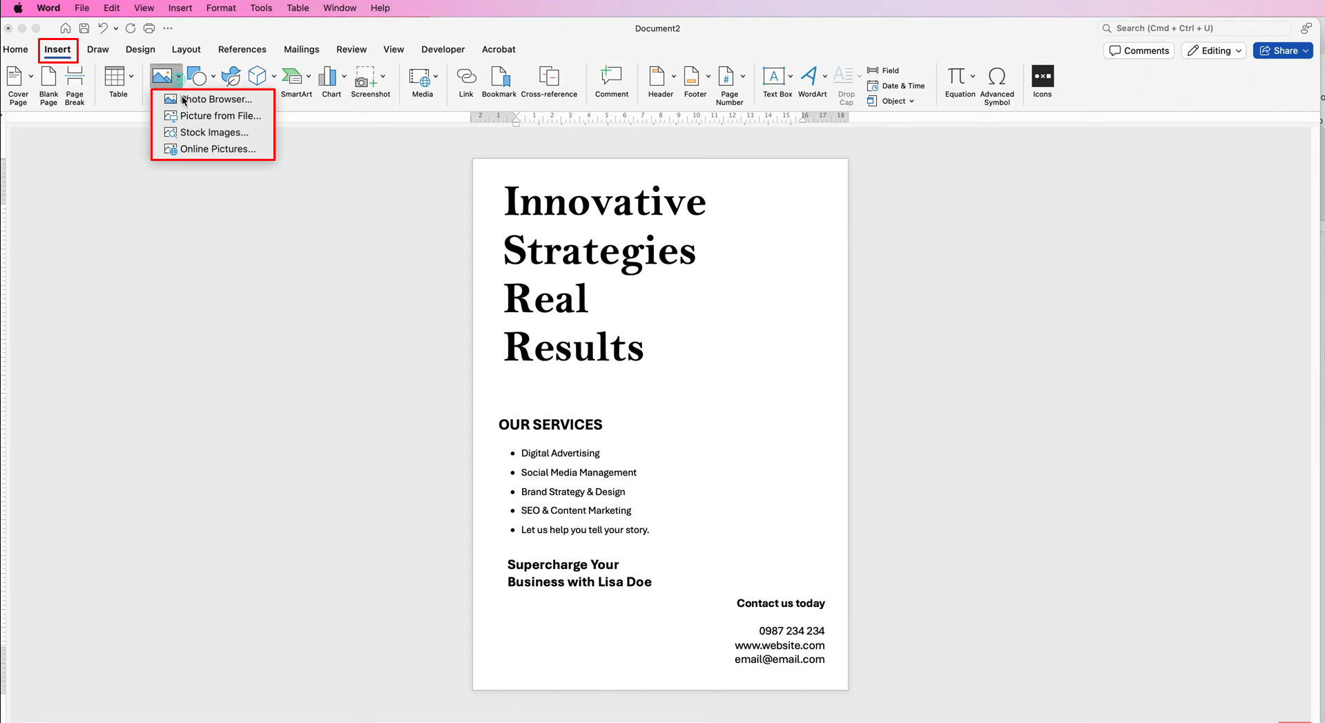 Inserting a picture to make a flyer in Word