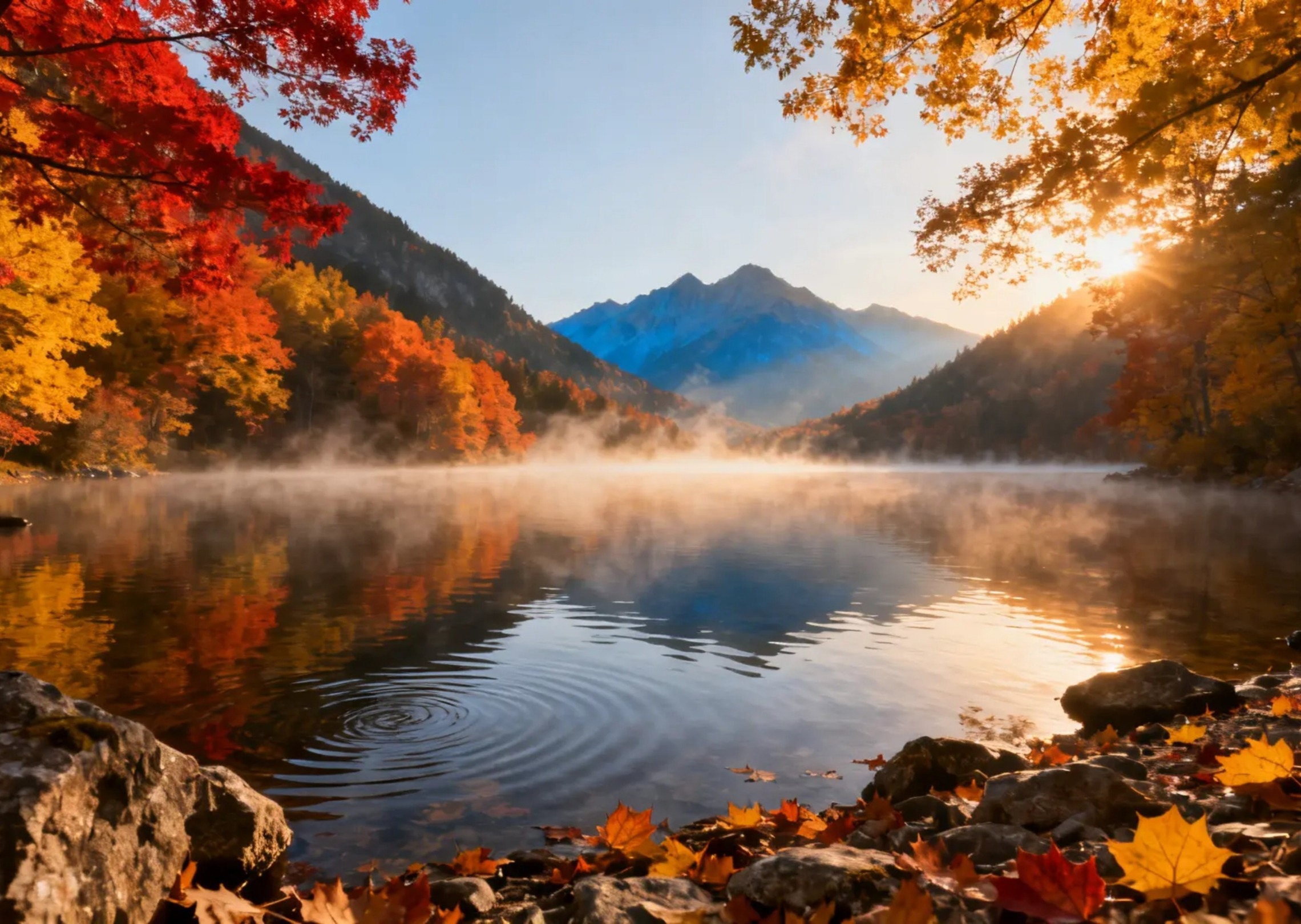 A serene mountain lake at sunrise