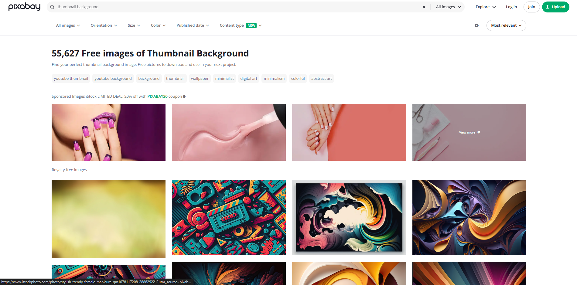 Interface of Pixabay - another place to find thumbnail backgrounds