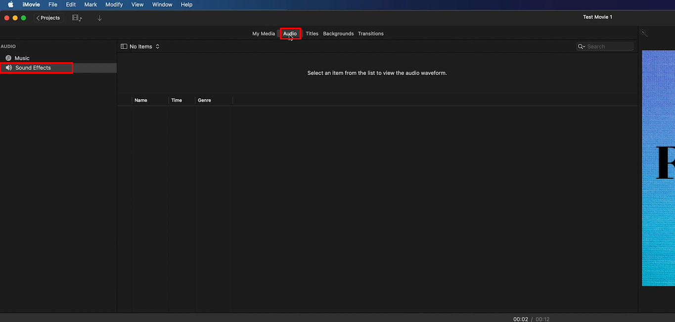 Open the audio library in iMovie