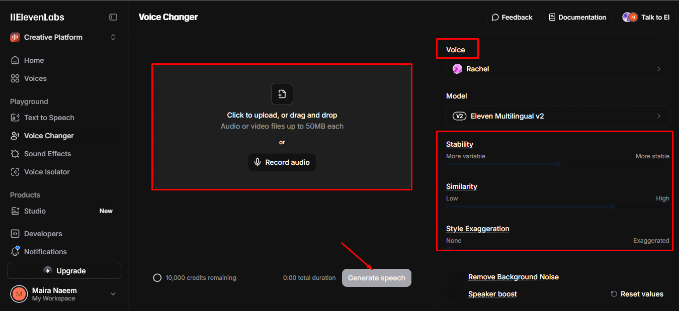 Recording or uploading your voice in ElevenLabs voice change