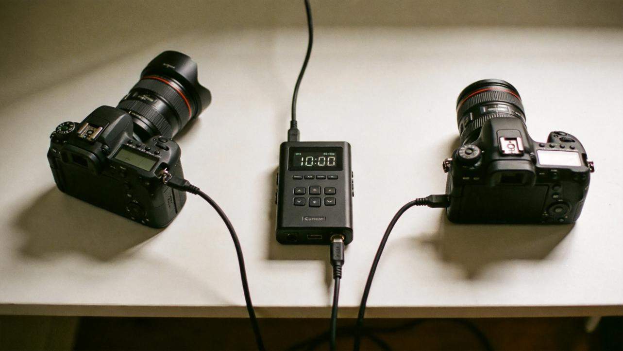 Two cameras connected to a central controller on a table