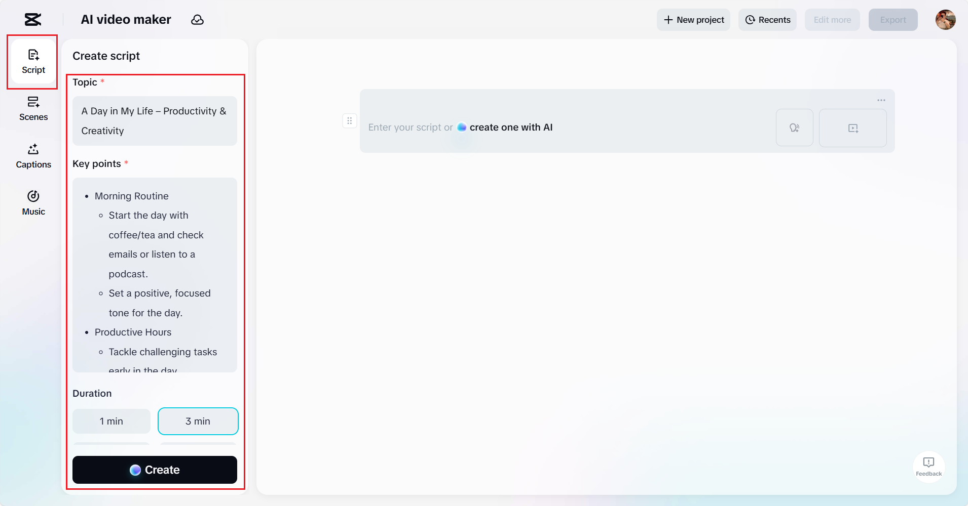 Upload text or create with AI