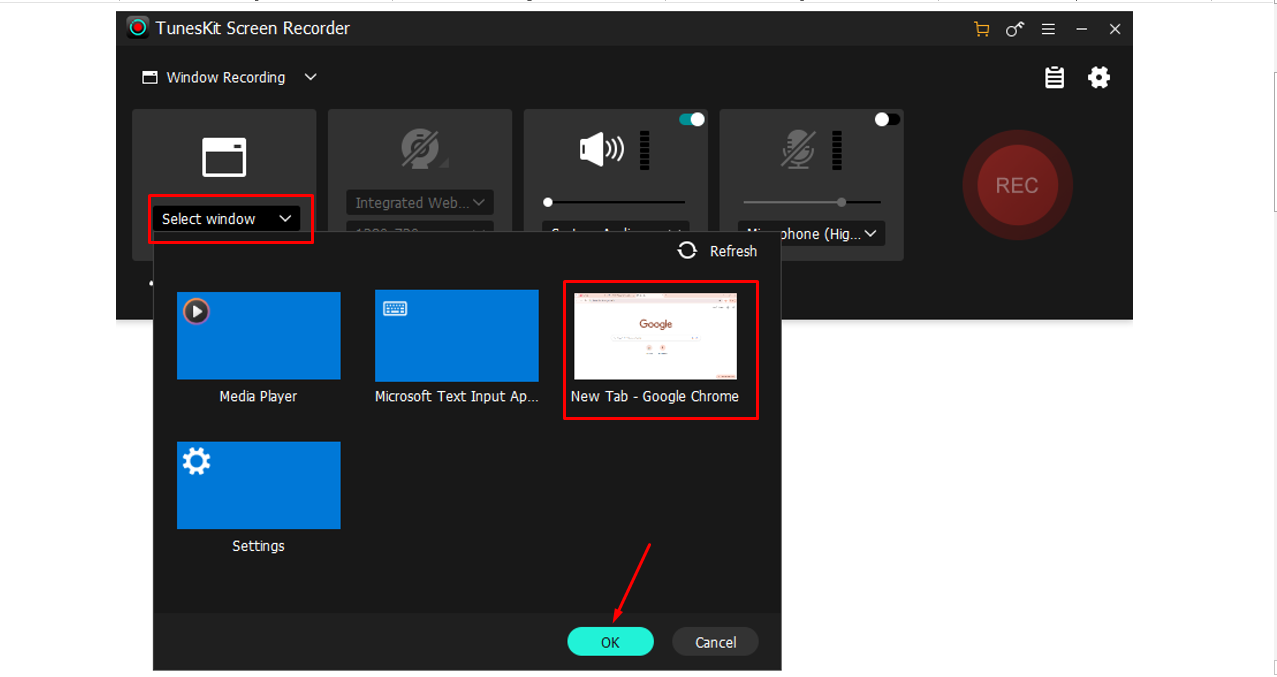 Selecting a specific window for recording in the TunesKit screen recorder