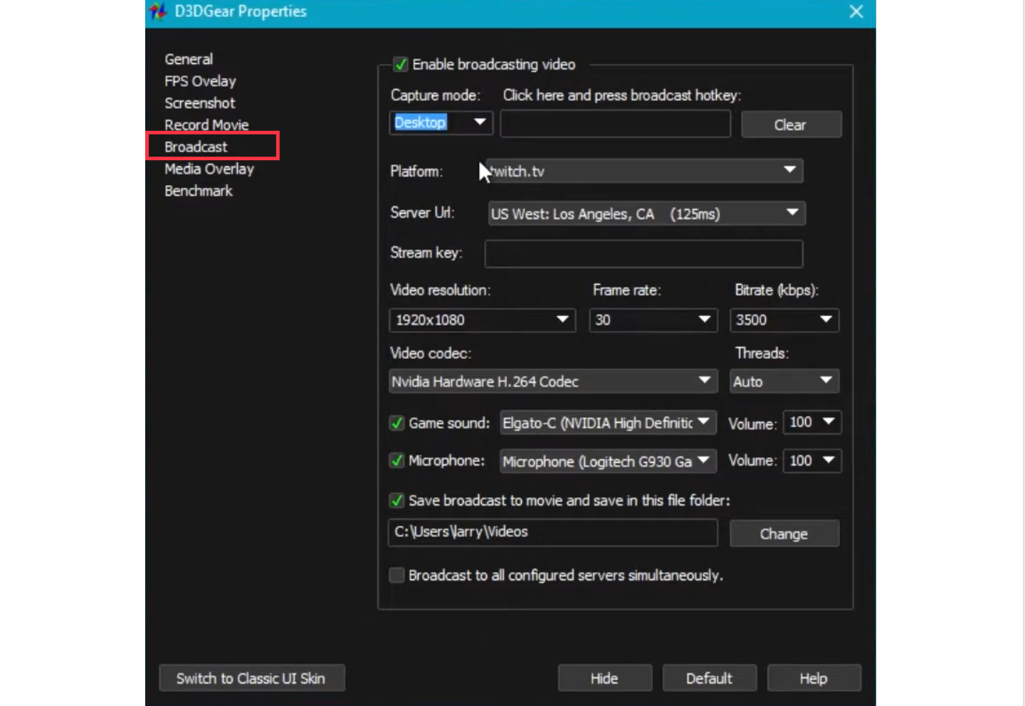 Imej yang menunjukkan cara menyiarkan video dengan Perakam Skrin D3DGear