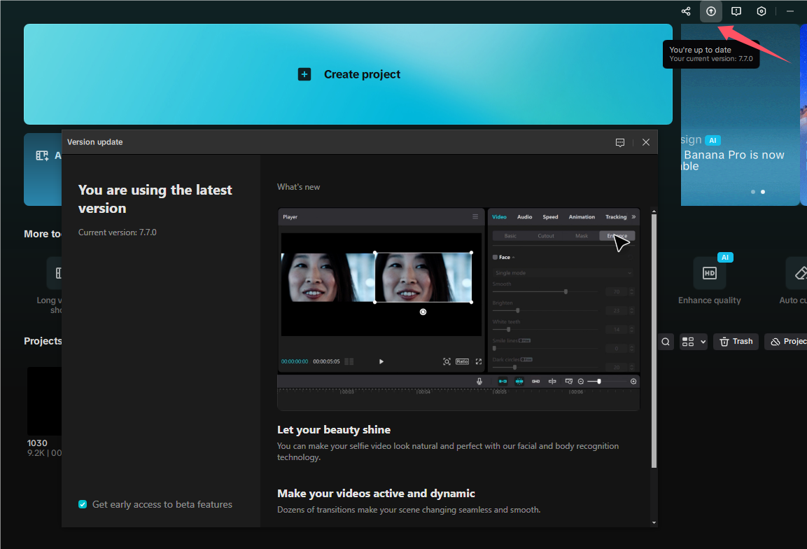 Perbarui desktop CapCut menggunakan ikon kanan atas