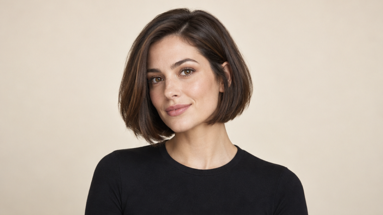 16:9 premium beauty portrait of one adult woman with a precise jaw-length dark chestnut bob, soft side part and gently curved ends, black crew-neck top, warm ivory studio, natural skin and restrained makeup, entire haircut visible with ample headroom, no text.