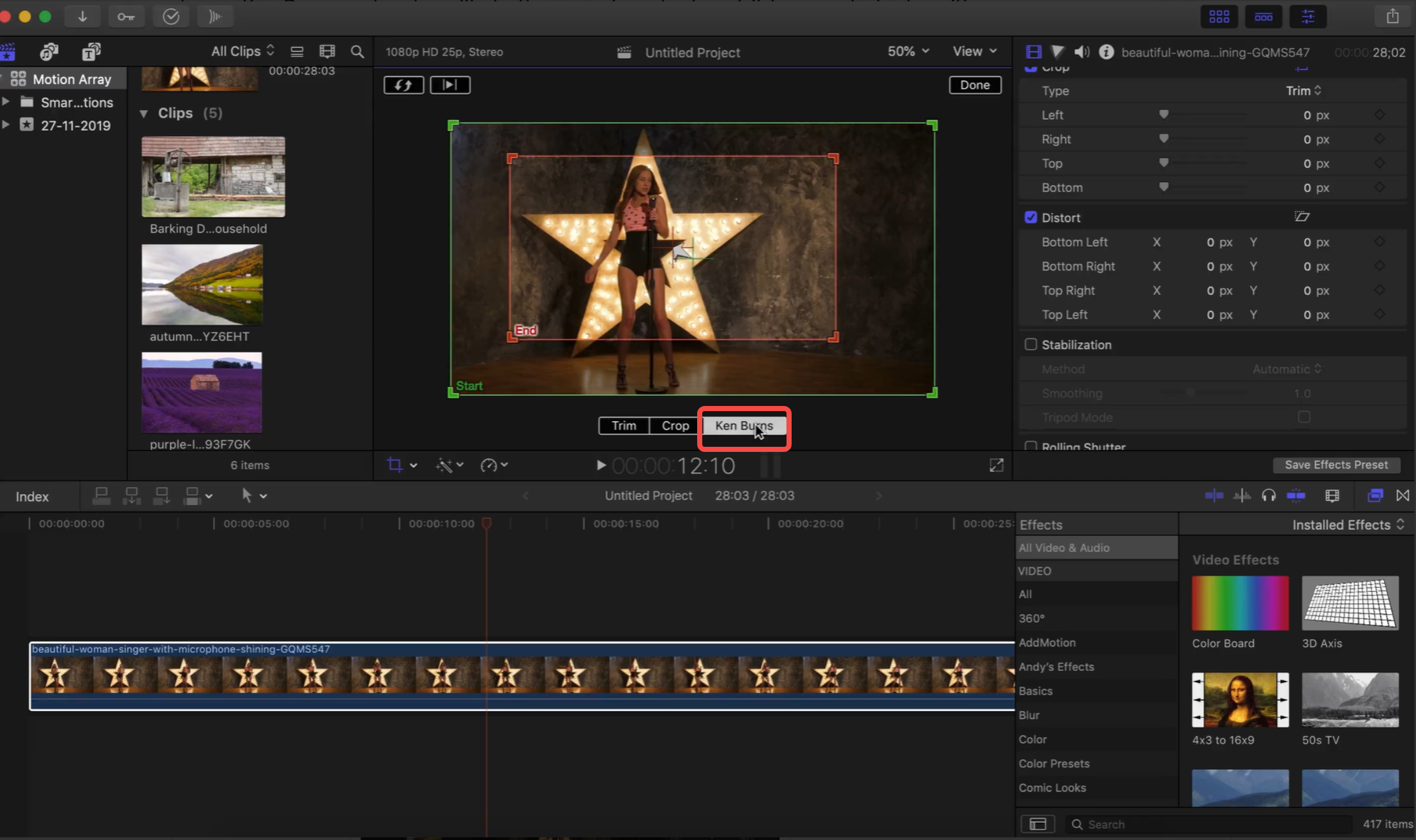 Accessing Ken Burns to make zoom transitions in Final Cut Pro