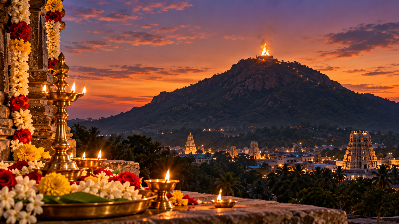 Karthigai Deepam AI photo prompts: Hill Flame at Twilight