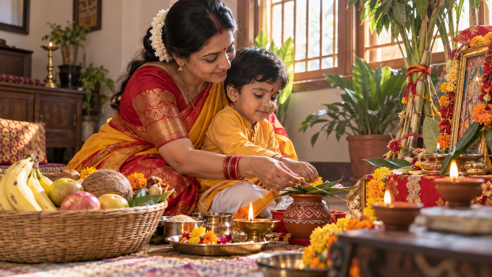 a respectful family-centered puja scene with clear relationships, offerings, morning or evening light, and accurate age differences