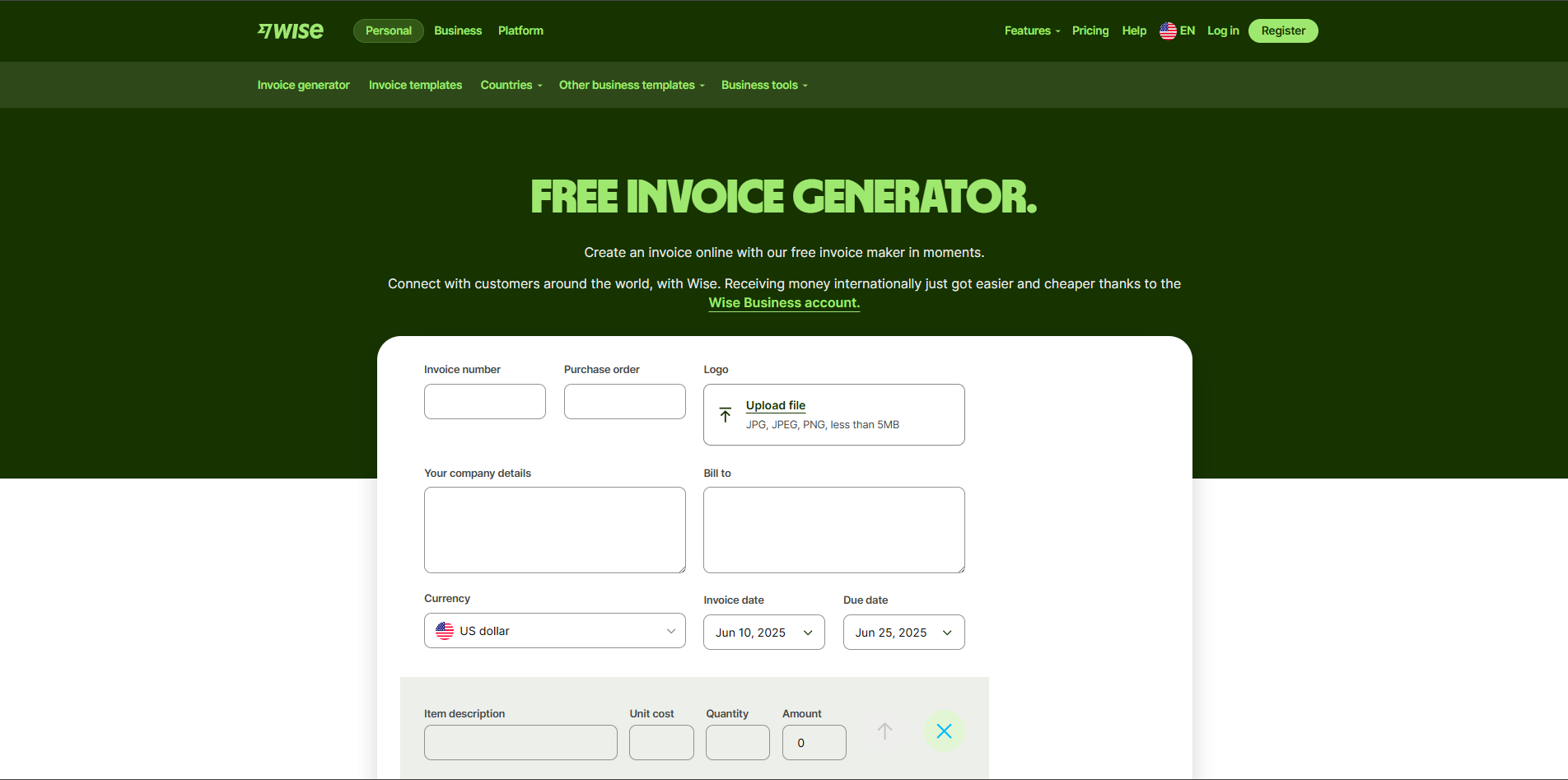 Interface of Wise - a flexible and free invoice generator