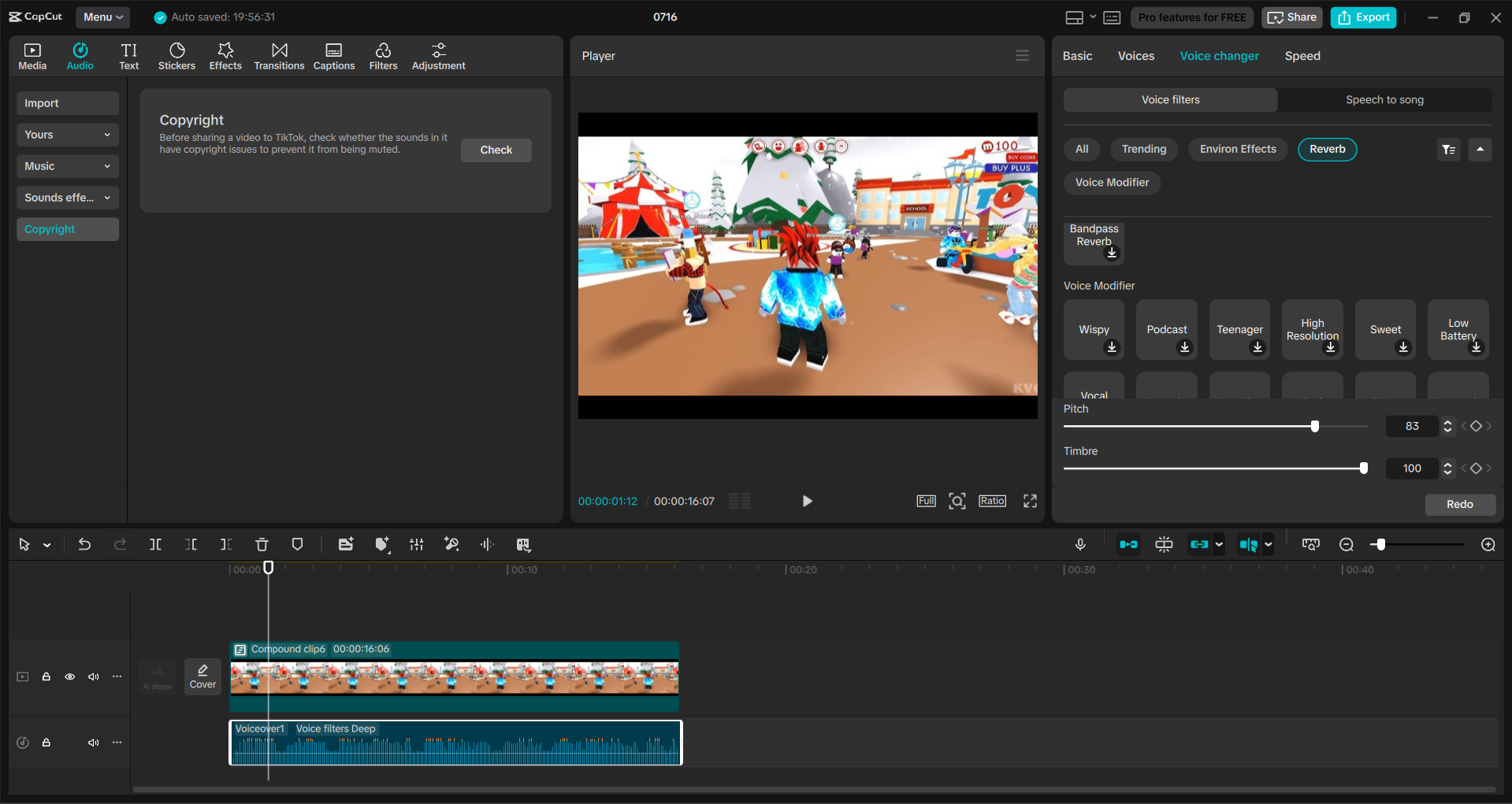 Interface of the CapCut desktop video editor - a quick way to change voice in Roblox gameplays