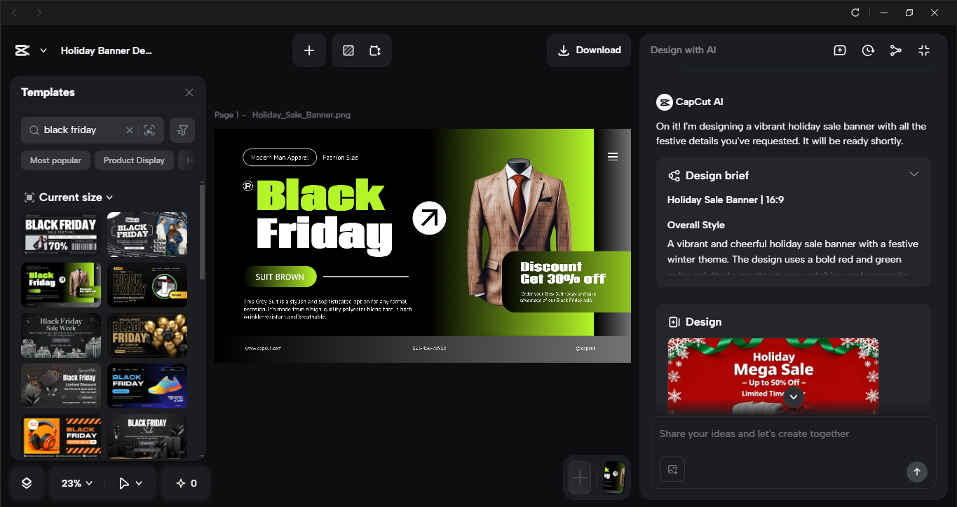 Interface of CapCut desktop video editor - a perfect tool to generate a sale banner using AI
