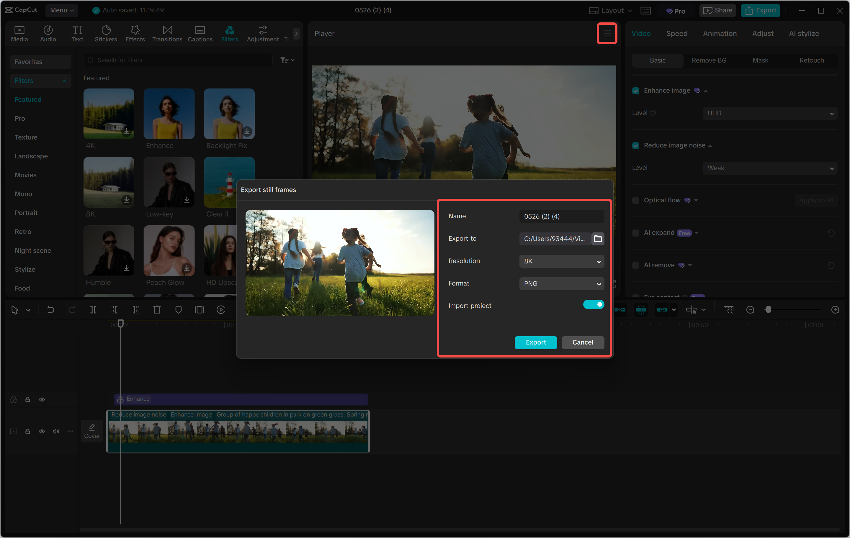 Exporting the final image from the CapCut desktop video editor