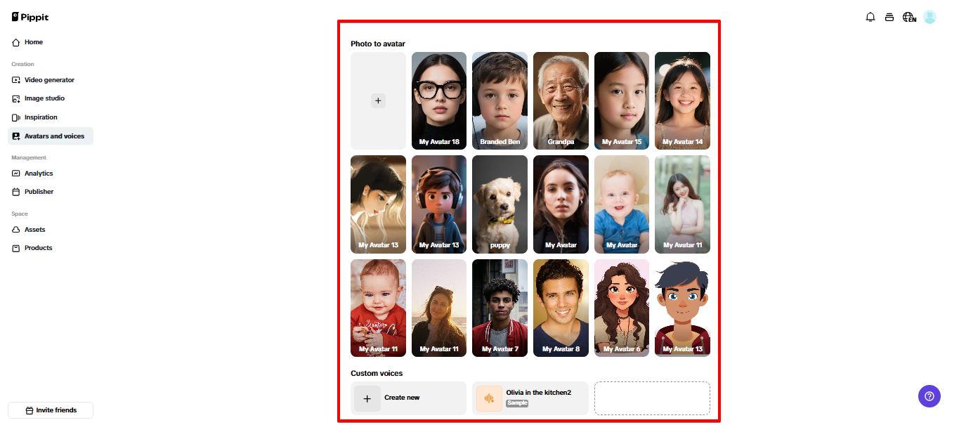 Custom avatar and voices in Pippit