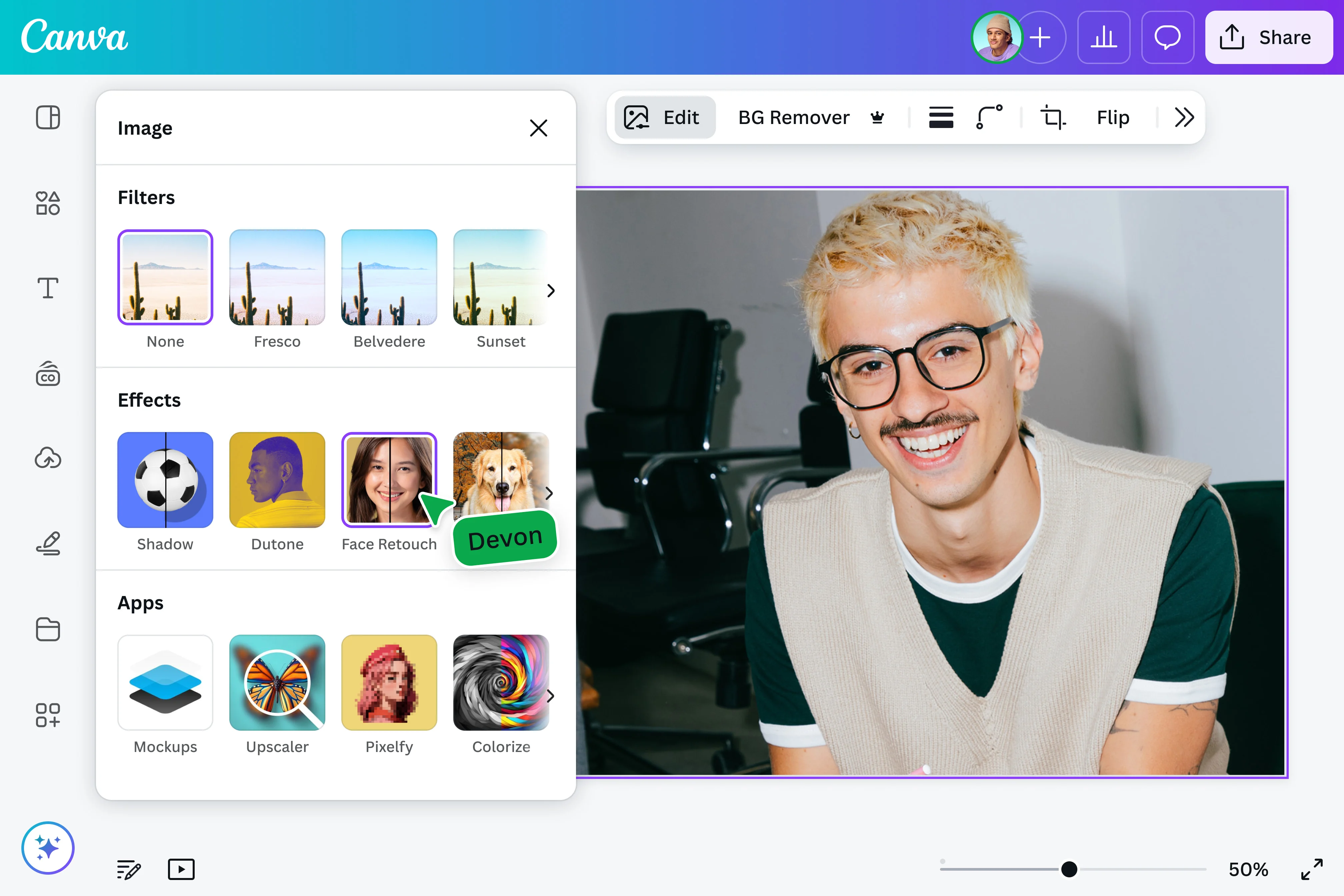 Interfaz de Canva - uno de los mejores editores de fotos de belleza